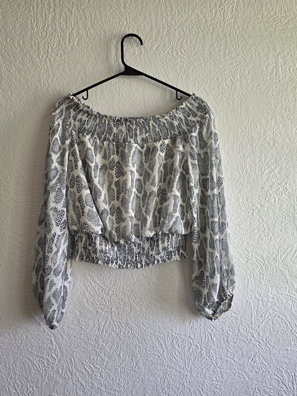 She + Sky White and Gray Off-Shoulder Smocked Printed Top